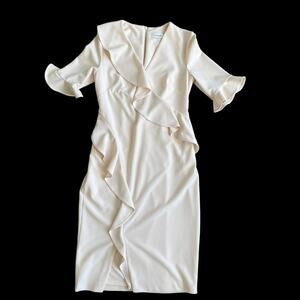 CALVIN KLEIN Asymmetrical V-Neck Ruffle Sheath Dress Lined Blossom Pink Size 6